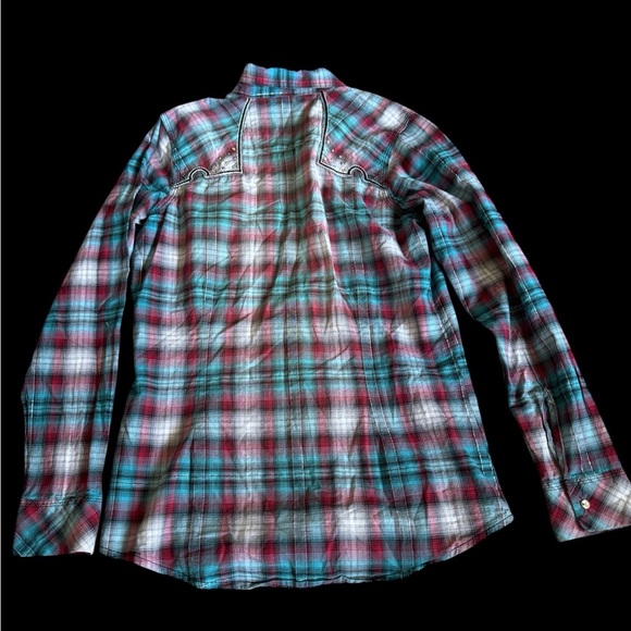 Wrangler Rock 47 Shirt Women Med Blue Red Plaid Metallic Western Rhinestone Snap - Picture 4 of 8